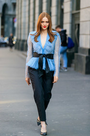 larsen thompson, light blue shirt, light blue blouse, polka dots blouse, polka dots shirt, ruffle blouse, ruffle shirt, black leather belt, black pants, black shoes, plumetis blouse, plumetis shirt, plumetis shoes, tulle shirt, tulle blouse, belted shirt, belted blouse, low necked blouse, low necked shirt, strassed shoes, lace boots, lace shirt, fashion week, frenchystyle, FW, jonathan paciullo, street style, MFW, MILAN, AUTUMN WINTER 2020-2021, FALL WINTER 2020-2021, FW 20-21, vertical, full length