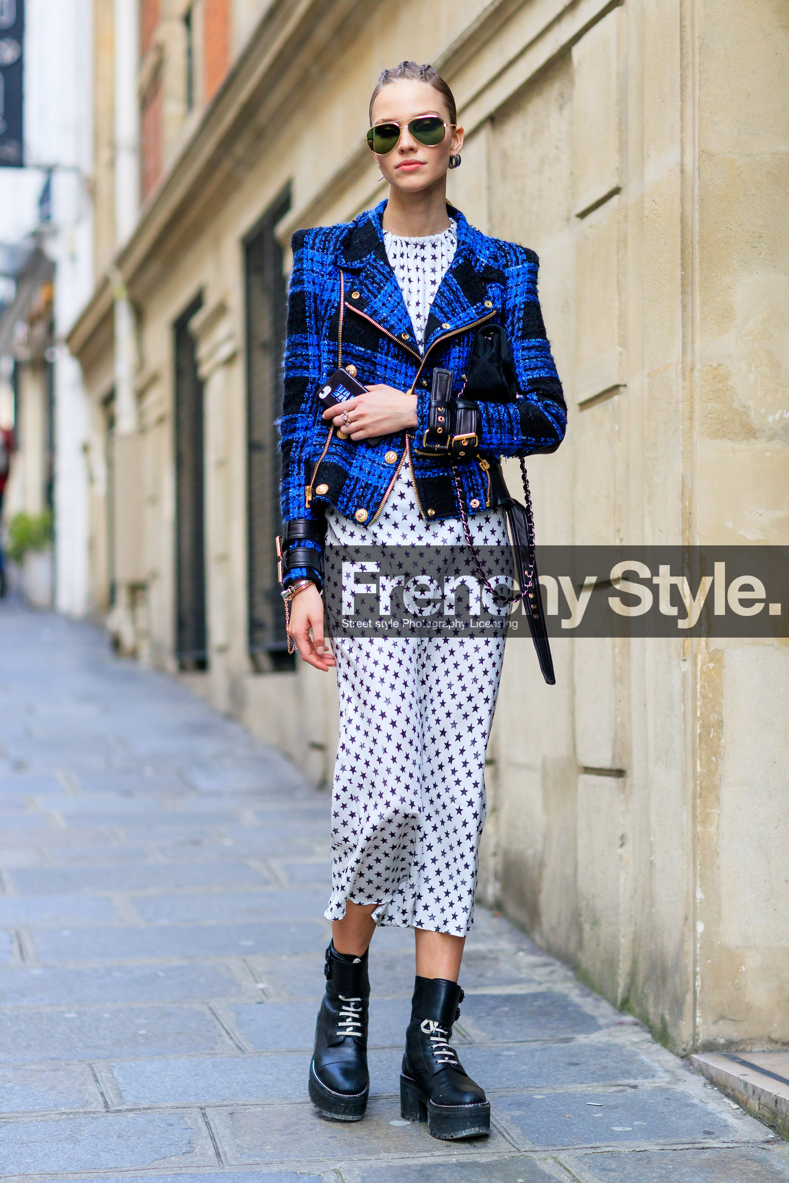 AUTUMN WINTER 2017-2018, AW 17-18, black shoes, blue jacket, checked jacket, FALL WINTER 2017-2018, fashion week, frenchystyle, full length, FW, FW 17-18, graphic jacket, jonathan paciullo, leather bag, leather shoes, model, PARIS, PFW, plaid, printed dress, printed jacket, sasha luss, stars, street style, sunglasses, tartan, vertical, white dress