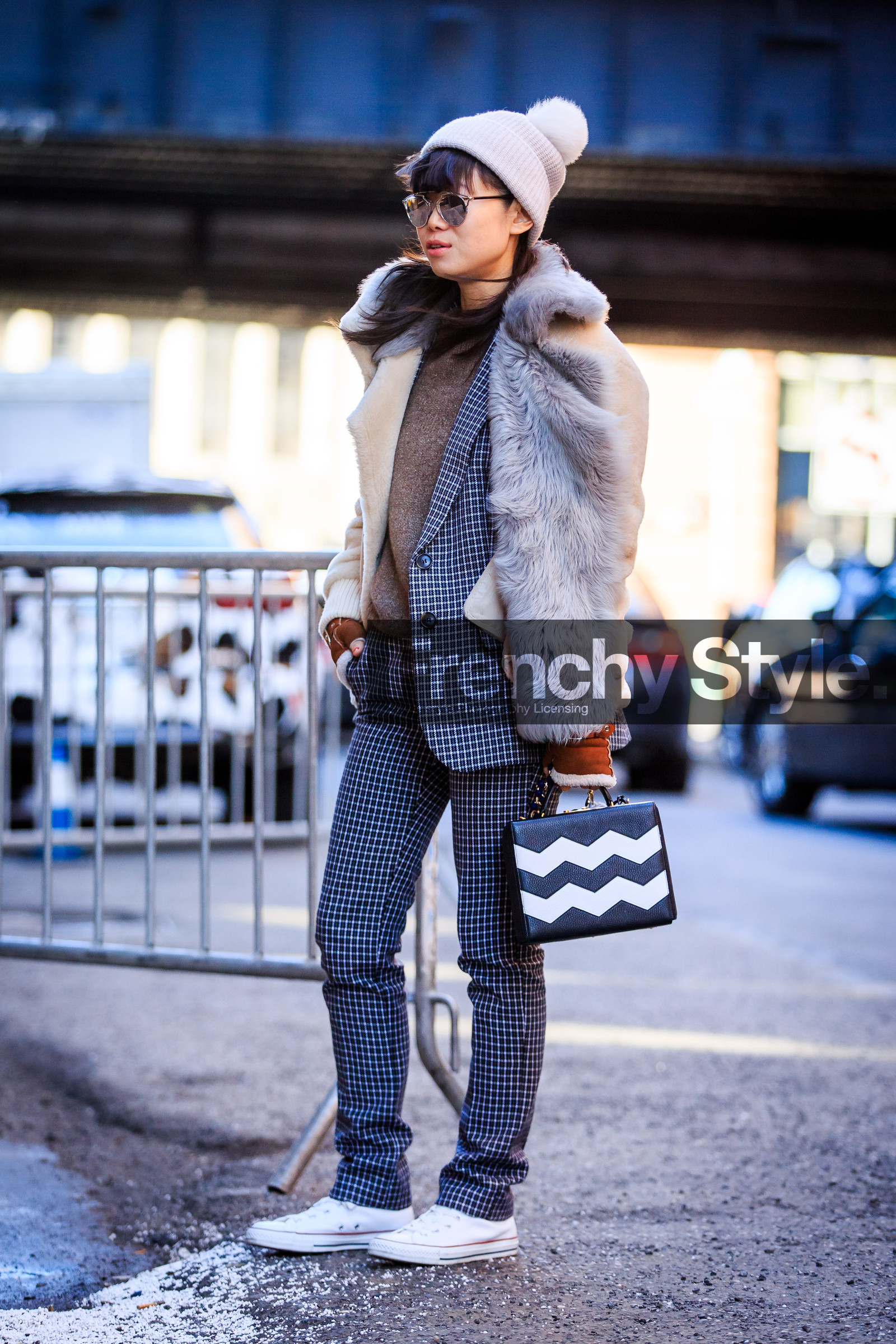 AUTUMN WINTER 2016-2017, AW 16-17, beige fur, black suit, brown knit, brown sweater, checked suit, christian dior, converse, fashion week, frenchystyle, full length, fur coat, fur jacket, FW, FW 16-17, graphic bag, graphic suit, jonathan paciullo, leaf greener, leather bag, NEW YORK, NYFW, plaid, pompons, printed bag, printed suit, street style, vertical, white beanie, white fur, white sneakers, woman