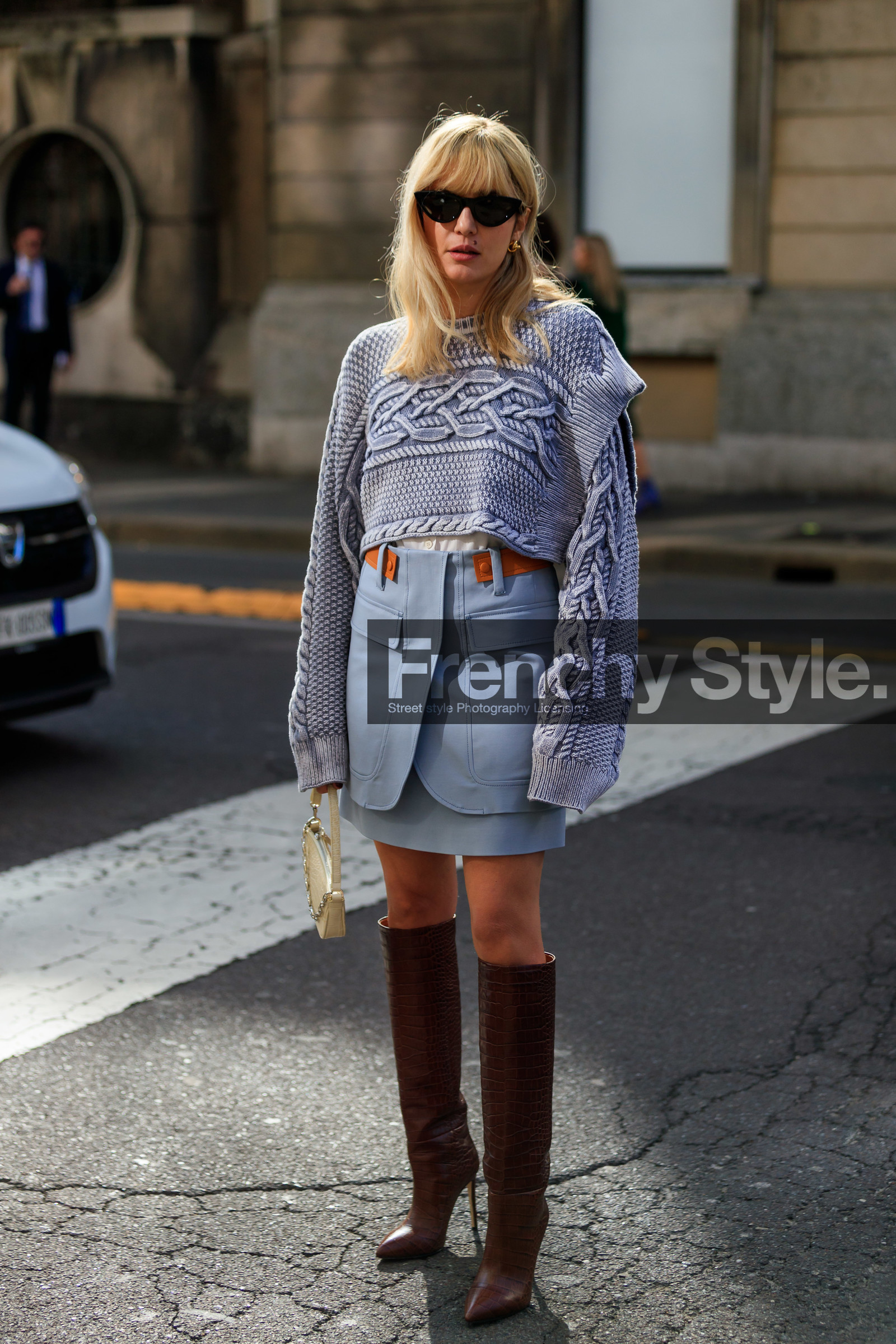 eleonora carisi, black sunglasses, eyecat sunglasses, light blue skirt, light blue pullover, cropped pullover, camel leather skirt, mini skirt, white leather bag, hand bag, animal skin bag, mini bag, sportmax skirt, button skirt, brown leather boots, animal skin boots, high boots, high heels boots, fashion week, frenchystyle, FW, jonathan paciullo, street style, MFW, MILAN, AUTUMN WINTER 2020-2021, FALL WINTER 2020-2021, FW 20-21, vertical, full length