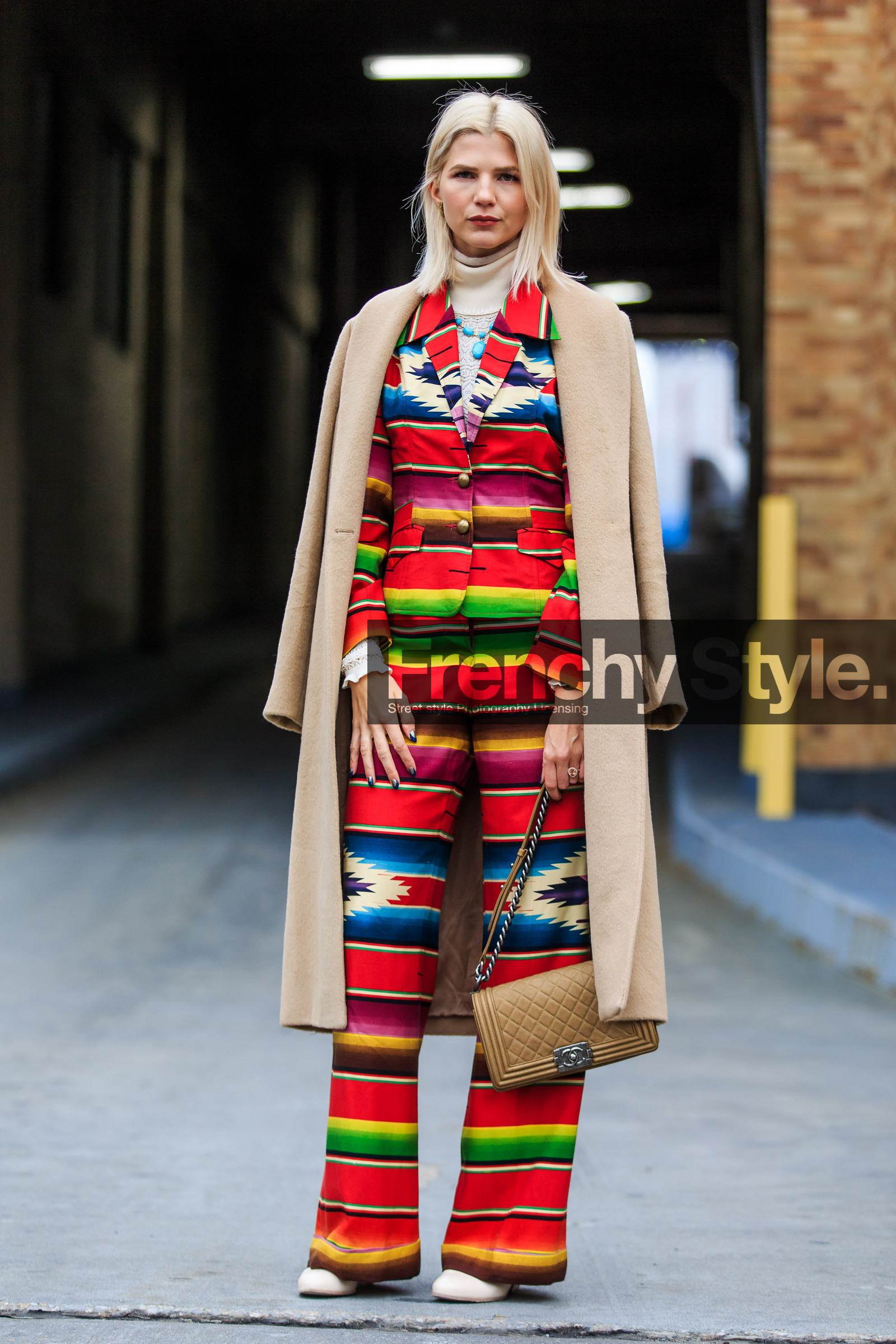 AUTUMN WINTER 2016-2017, AW 16-17, beige, beige coat, blazer, blue, boy bag, camel bag, camel jacket, chanel, embroidered jacket, embroidered pants, fashion week, frenchystyle, full length, FW, FW 16-17, geometric, graphic, green, jonathan paciullo, leather bag, multicolor, NEW YORK, NYFW, orange, peruvian, printed pants, printed suitcase, red, red jacket, red suit, Samantha Angelo, street style, striped pants, stripes, turtleneck sweater, vertical, white sweater, woman, yellow