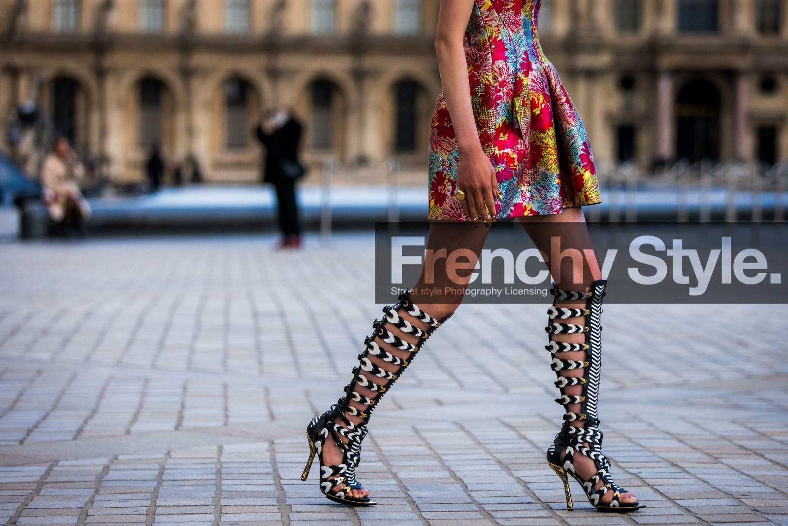 bicolor shoes, black sandals, close-up, detail, dress, floral print, flower, high sandals, Jaime Xie, print, printed dress, red dress, sandals, short dress, yellow dress, fashion week, frenchystyle, FW, jonathan paciullo, street style, PFW, PARIS, SPRING SUMMER 2022, SS 22, horizontal, atmosphere details