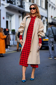 beige coat, blue shoes, checked dress, graphic dress, high heels, leather shoes, plaid, printed dress, red dress, shirt dress, sunglasses, fashion week, frenchystyle, FW, jonathan paciullo, street style, LFW, LONDON, AUTUMN WINTER 2018-2019, AW 18-19, FALL WINTER 2018-2019, FW 18-19, vertical, full length