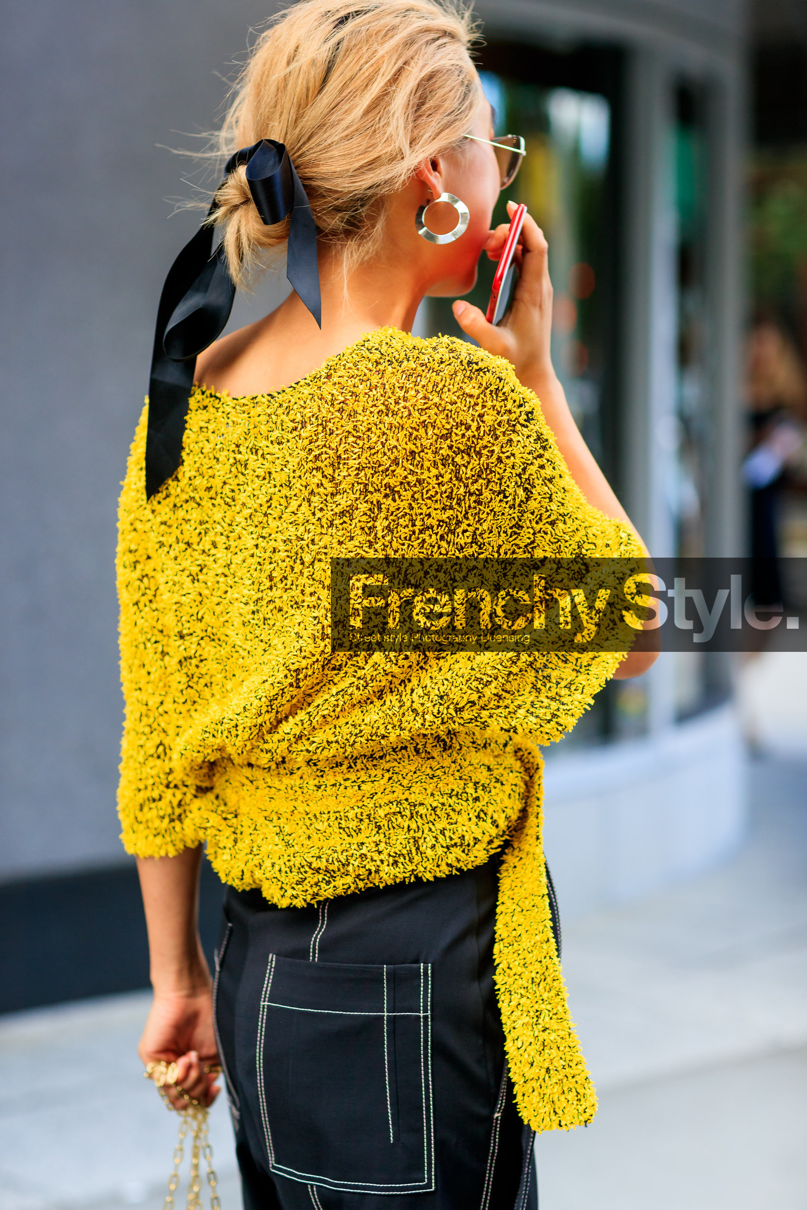 atmosphere details, back detail, black pants, detail, earrings, fashion week, frenchystyle, FW, jonathan paciullo, Margaret Zhang, NEW YORK, NYFW, SPRING SUMMER 2018, SS 18, street style, sunglasses, trousers, vertical, yellow sweater