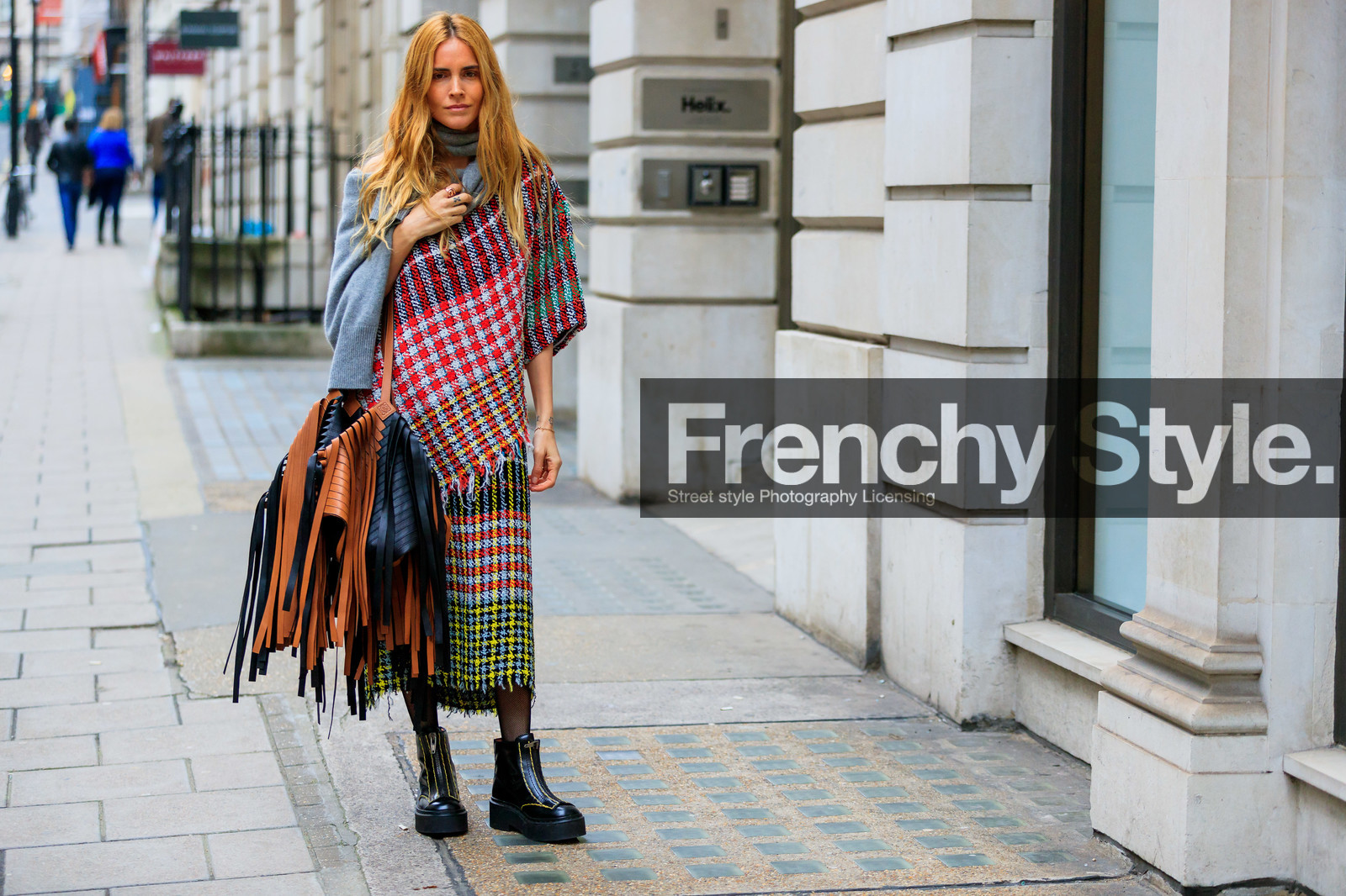 black bag, black shoes, blanca miro scrimieri, camel bag, checked, fringes, graphic bag, graphic dress, knit dress, leather bag, leather shoes, plaid, printed bag, printed dress, red dress, street style, jonathan paciullo, FW, frenchystyle, fashion week, LFW, LONDON, AUTUMN WINTER 2019-2020, AW 19-20, FW 19-20, FALL WINTER 2019-2020, horizontal, atmosphere details, full length