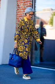 blue bag, blue pants, fashion week, floral, flowers, frenchystyle, full length, FW, golden sandals, graphic jacket, jonathan paciullo, leather bag, leather shoes, MFW, MILAN, printed jacket, SPRING SUMMER 2018, SS 18, street style, sunglasses, trousers, vertical, yellow coat