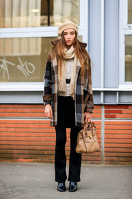 beige bag, beige hat, beige scarf, beret, black belt, black pants, black shoes, brown coat, checked, graphic jacket, leather bag, leather shoes, plaid, printed jacket, trousers, white knit, fashion week, frenchystyle, FW, jonathan paciullo, street style, PFW, PARIS, AUTUMN WINTER 2018-2019, FALL WINTER 2018-2019, FW 18-19, vertical, full length, model