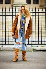 ripped jeans, brown boots, brown jacket, plaid blazer, layers, blond hair, blue scarf, printed scarf, white top, turtleneck top, furry jacket, winter jacket, boho style, fashion week, frenchystyle, FW, jonathan paciullo, street style, PARIS, PFW, SPRING SUMMER 2022, SS 22, full length, vertical, sofia sanchez de betak