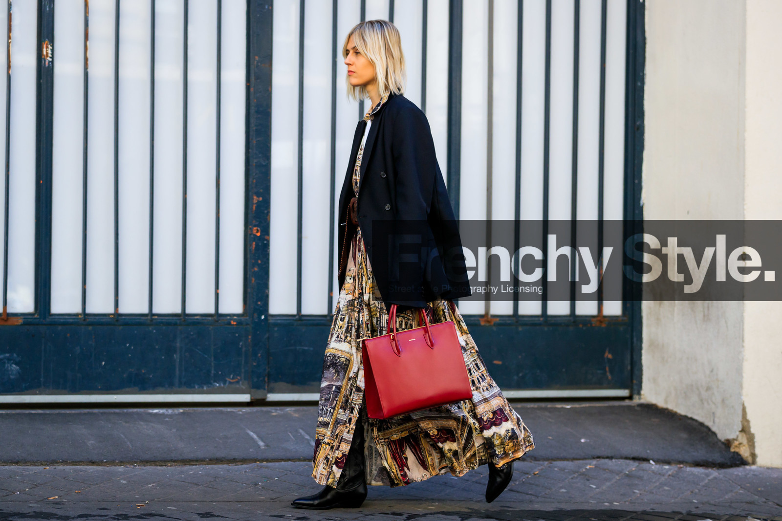 black jacket, black shoes, blazer, brown belt, brown dress, graphic dress, leather bag, leather shoes, linda tol, printed dress, red bag, fashion week, frenchystyle, FW, jonathan paciullo, street style, PFW, PARIS, AUTUMN WINTER 2019-2020, AW 19-20, FALL WINTER 2019-2020, FW 19-20, horizontal, atmosphere details, full length