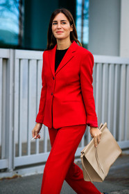 gala gonzalez, red jacket, red pants, beige leather clutch, black top, fashion week, frenchystyle, FW, jonathan paciullo, street style, MFW, MILAN, AUTUMN WINTER 2020-2021, FALL WINTER 2020-2021, FW 20-21, vertical, full length