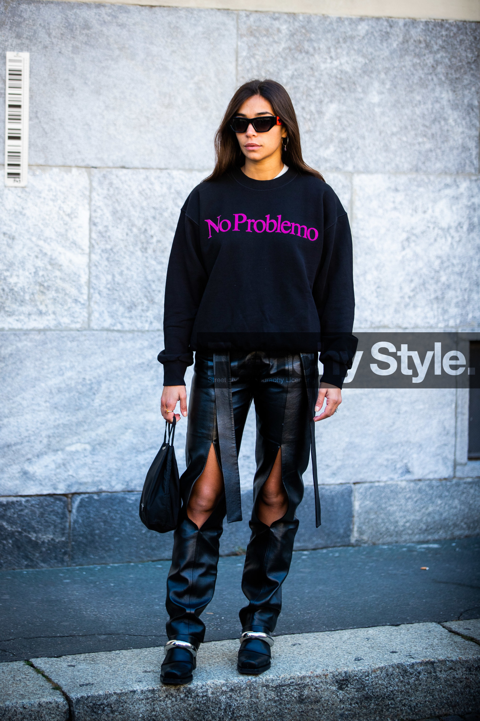 black sunglasses, black sweatshirt, black leather pants, black leather boots, split pants, letter printed pants, black bag, prada bag, hand bag, street style, jonathan paciullo, FW, frenchystyle, fashion week, MFW, MILAN, SPRING SUMMER 2021, SS 21, vertical, full length