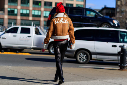 balenciaga, black bag, black pants, brown jacket, fur collar, leather bag, leather jacket, leather pants, off white, red beanie, shearling, trousers, fashion week, frenchystyle, FW, jonathan paciullo, street style, NYFW, NEW YORK, AUTUMN WINTER 2018-2019, AW 18-19, FALL WINTER 2018-2019, FW 18-19, atmosphere details, horizontal, full length, jessica minkoff
