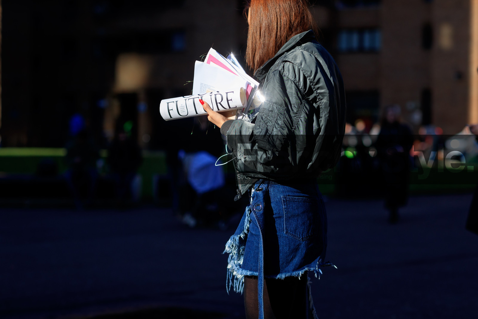 blue denim, bomber jacket, denim skirt, green jacket, street style, jonathan paciullo, FW, frenchystyle, fashion week, LFW, LONDON, AUTUMN WINTER 2018-2019, AW 18-19, FALL WINTER 2018-2019, FW 18-19, horizontal, atmosphere details, detail