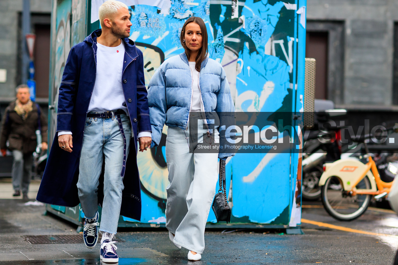 black bag, black belt, black shoes, blue coat, blue denim, blue jacket, blue sneakers, boy bag, chanel handbag, denim jacket, denim pants, down jacket, dyed hair, graphic bag, jeans, leather bag, leather shoes, printed bag, trousers, white t shirt, fashion week, frenchystyle, FW, jonathan paciullo, street style, MFW, MILAN, AUTUMN WINTER 2018-2019, FALL WINTER 2018-2019, FW 18-19, horizontal, atmosphere details, full length, alice & j.s