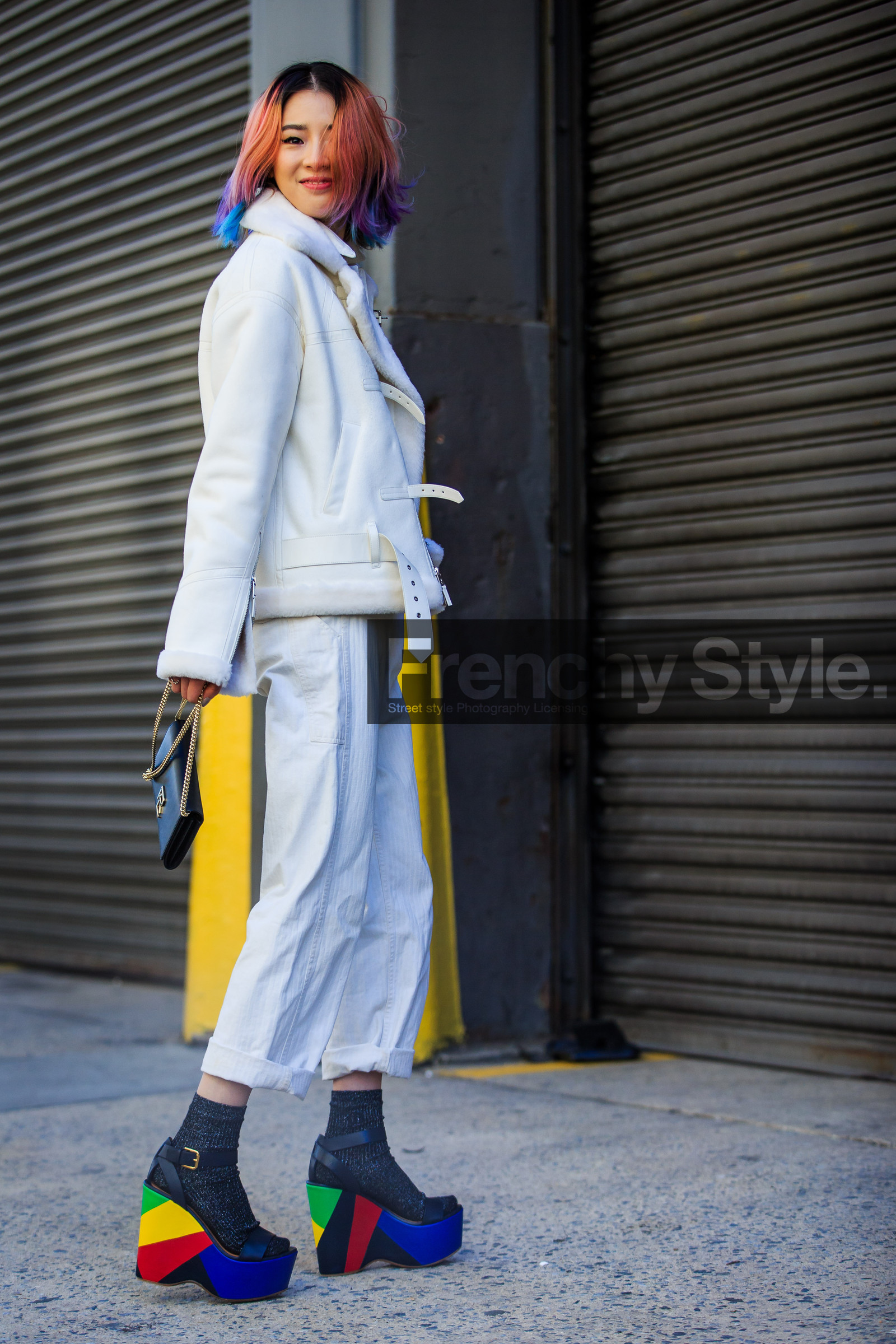 AUTUMN WINTER 2016-2017, AW 16-17, black bag, denim pants, dyed hair, fashion week, frenchystyle, full length, fur jacket, FW, FW 16-17, geometric, graphic, graphic shoes, grey socks, high heels, irene kim, jeans, jonathan paciullo, leather bag, leather jacket, multicolor shoes, NEW YORK, NYFW, shearling, street style, trousers, vertical, wedges, white denim, white fur, white jacket, white jumpsuit, woman