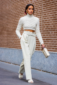 Alexandra Guerain, corduroy pants, crop knit, fluffy shoes, monochrome, pants, white knit, white monochrome, white pants, white bag, leather bag, small bag, fashion week, frenchystyle, FW, jonathan paciullo, street style, MFW, MILAN, SPRING SUMMER 2022, SS 22, vertical, full length