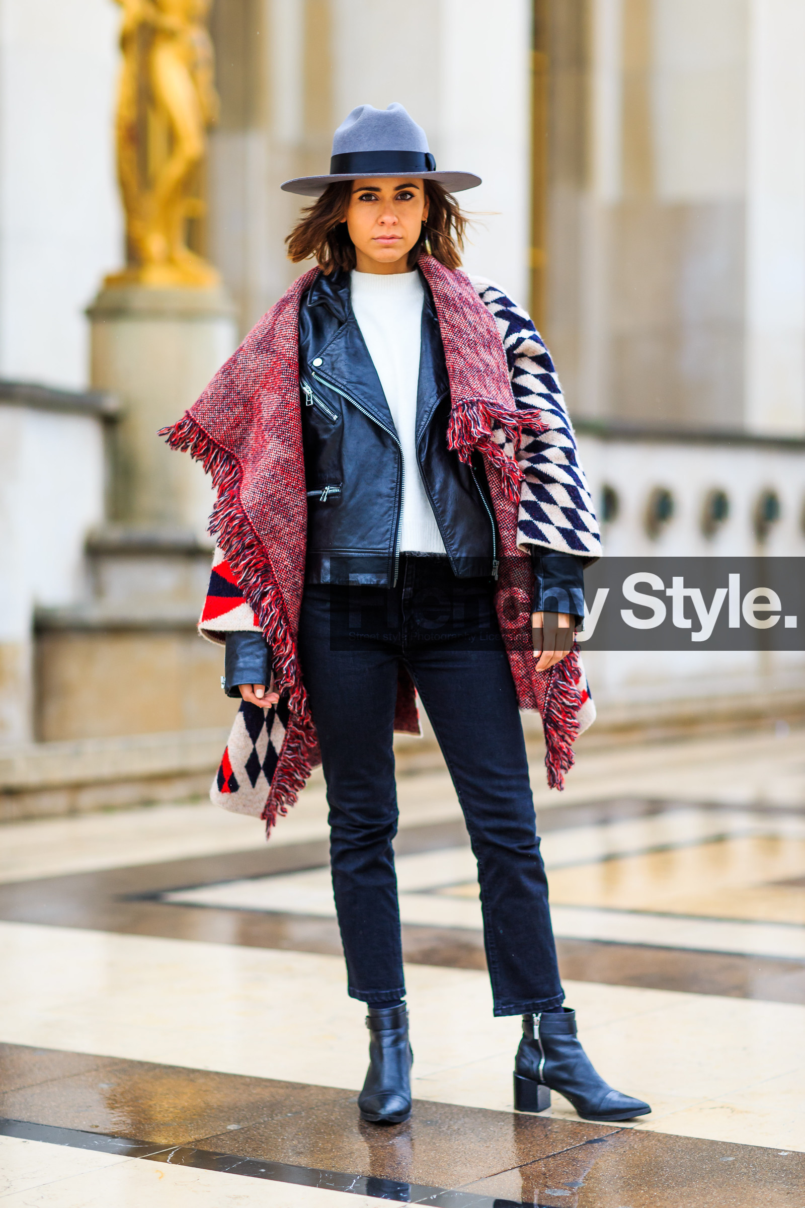 AUTUMN WINTER 2016-2017, AW 16-17, black boots, black denim, black jacket, black perfecto, denim pants, FALL WINTER 2016-2017, fashion week, fedora, frenchystyle, full length, FW, FW 16-17, grey hat, jeans, jonathan paciullo, leather boots, leather jacket, leather perfecto, PARIS, PFW, red scarf, street style, trousers, vertical, white t shirt