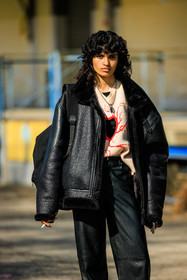 black jacket, leather jacket, heart cut out jumper, pink jumper, black pants, leather pants, pendant necklace, curly hair, model, fashion week, frenchystyle, FW, jonathan paciullo, street style, vertical, atmosphere details, detail