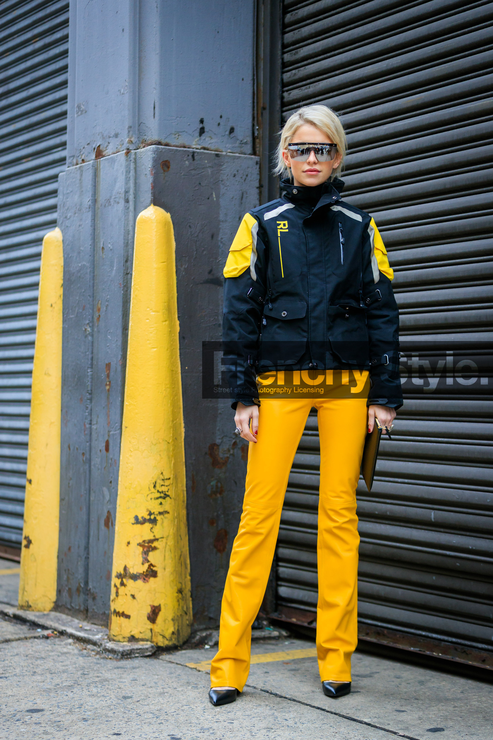 black jacket, black shoes, graphic jacket, printed jacket, ralph lauren, sunglasses, trousers, yellow pants, street style, jonathan paciullo, FW, frenchystyle, fashion week, NYFW, NEW YORK, AUTUMN WINTER 2018-2019, AW 18-19, FALL WINTER 2018-2019, FW 18-19, vertical, full length, caro daur