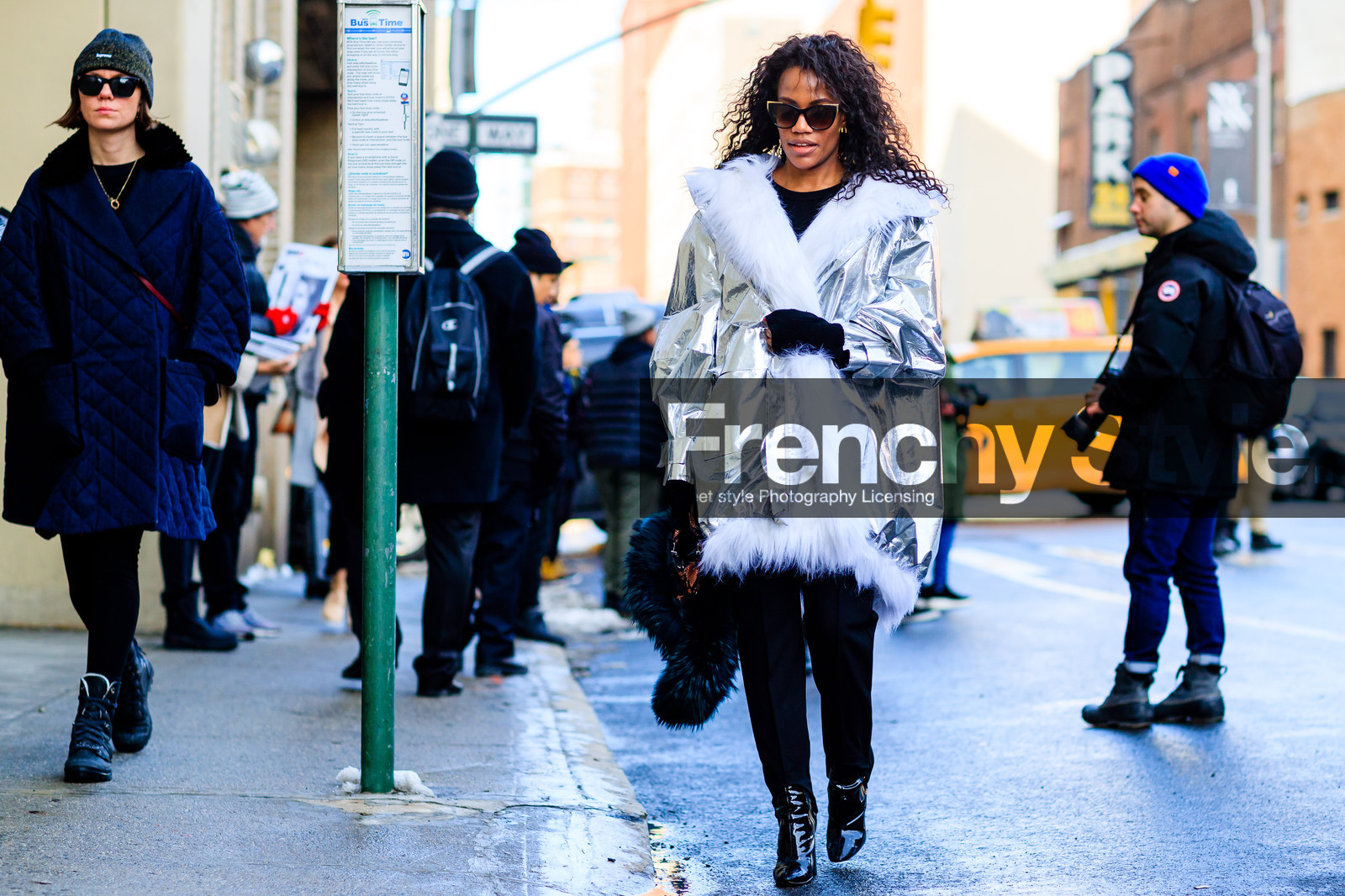atmosphere details, AUTUMN WINTER 2017-2018, AW 17-18, black boots, black gloves, black pants, Danielle Prescod, FALL WINTER 2017-2018, fashion week, frenchystyle, full length, FW, FW 17-18, high heels, horizontal, jonathan paciullo, leather boots, NEW YORK, NYFW, shiny coat, silver coat, silver jacket, street style, sunglasses, trousers, white fur