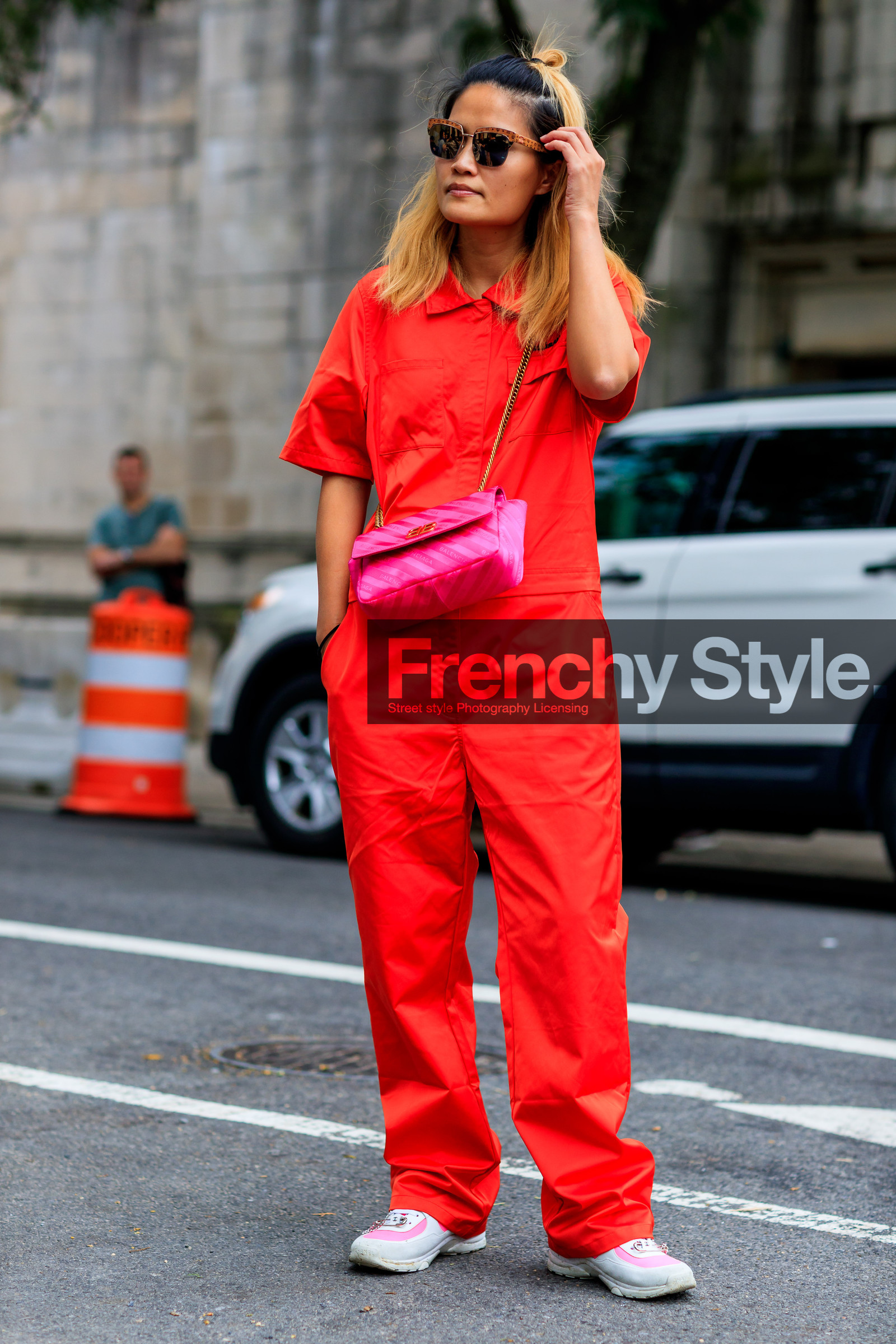 balenciaga, leather bag, leather shoes, pink bag, red jumpsuit, sunglasses, trousers, white sneakers, fashion week, frenchystyle, FW, jonathan paciullo, street style, NYFW, NEW YORK, SPRING SUMMER 2019, SS 19, vertical, full length