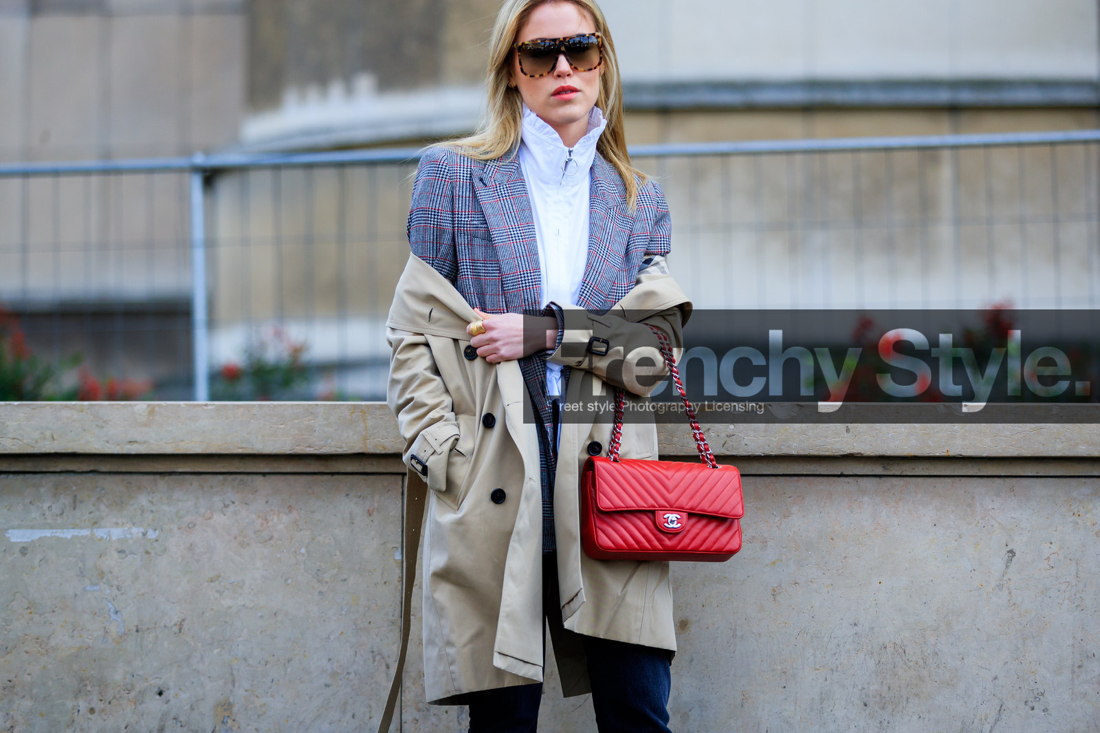 Annabel Rosendahl, atmosphere details, AUTUMN WINTER 2017-2018, AW 17-18, beige coat, blazer, chanel handbag, checked jacket, detail, FALL WINTER 2017-2018, fashion week, frenchystyle, FW, FW 17-18, graphic jacket, grey jacket, horizontal, jonathan paciullo, leather bag, off the shoulder, PARIS, PFW, plaid, printed jacket, red bag, street style, sunglasses, trench coat, trousers, white shirt