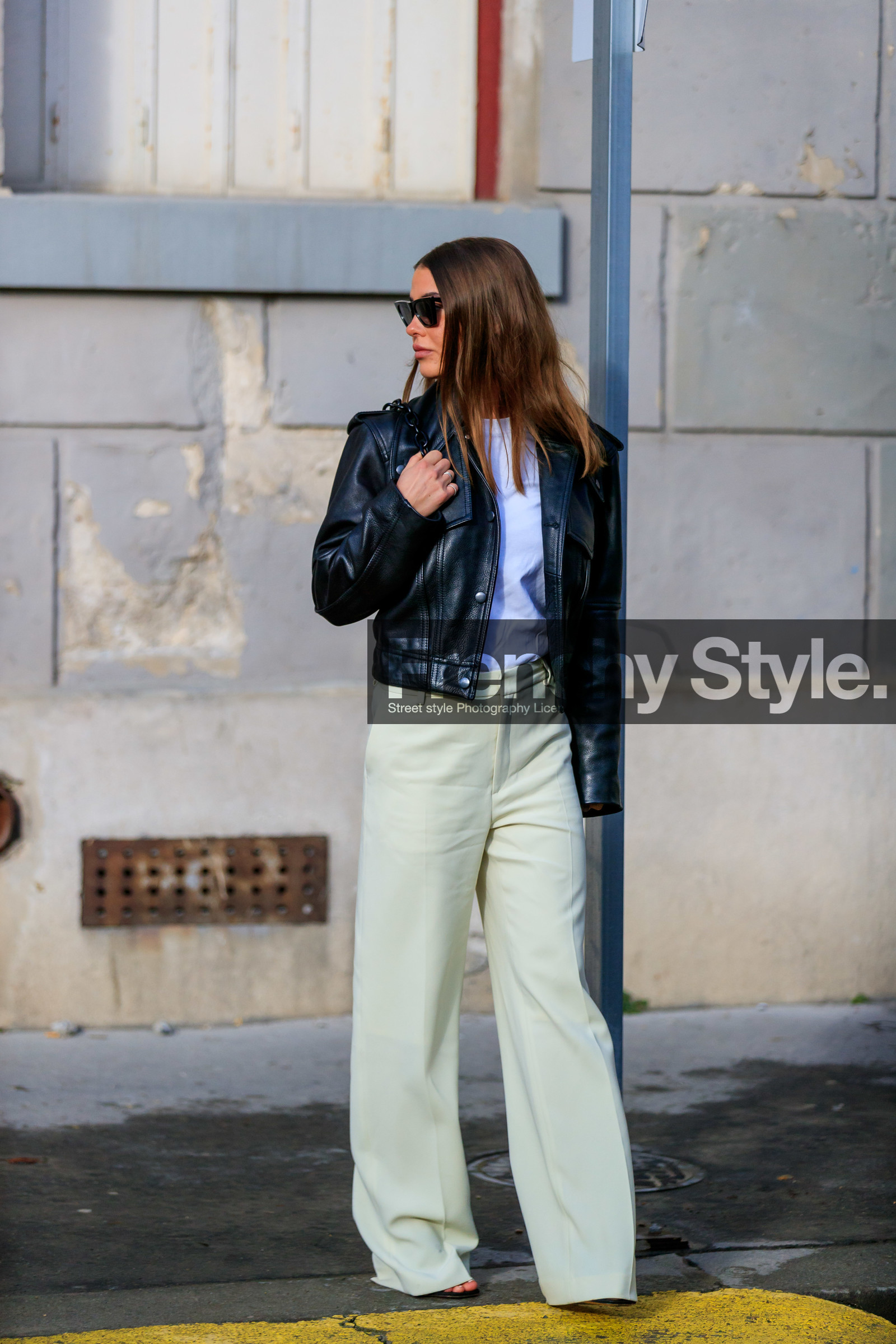 sophia roe, black leather jacket, black sunglasses, button jacket, white t-shirt, white pants, celine sunglasses, flare pants, fashion week, frenchystyle, FW, jonathan paciullo, street style, PFW, PARIS, AUTUMN WINTER 2020-2021, FALL WINTER 2020-2021, FW 20-21, vertical, full length