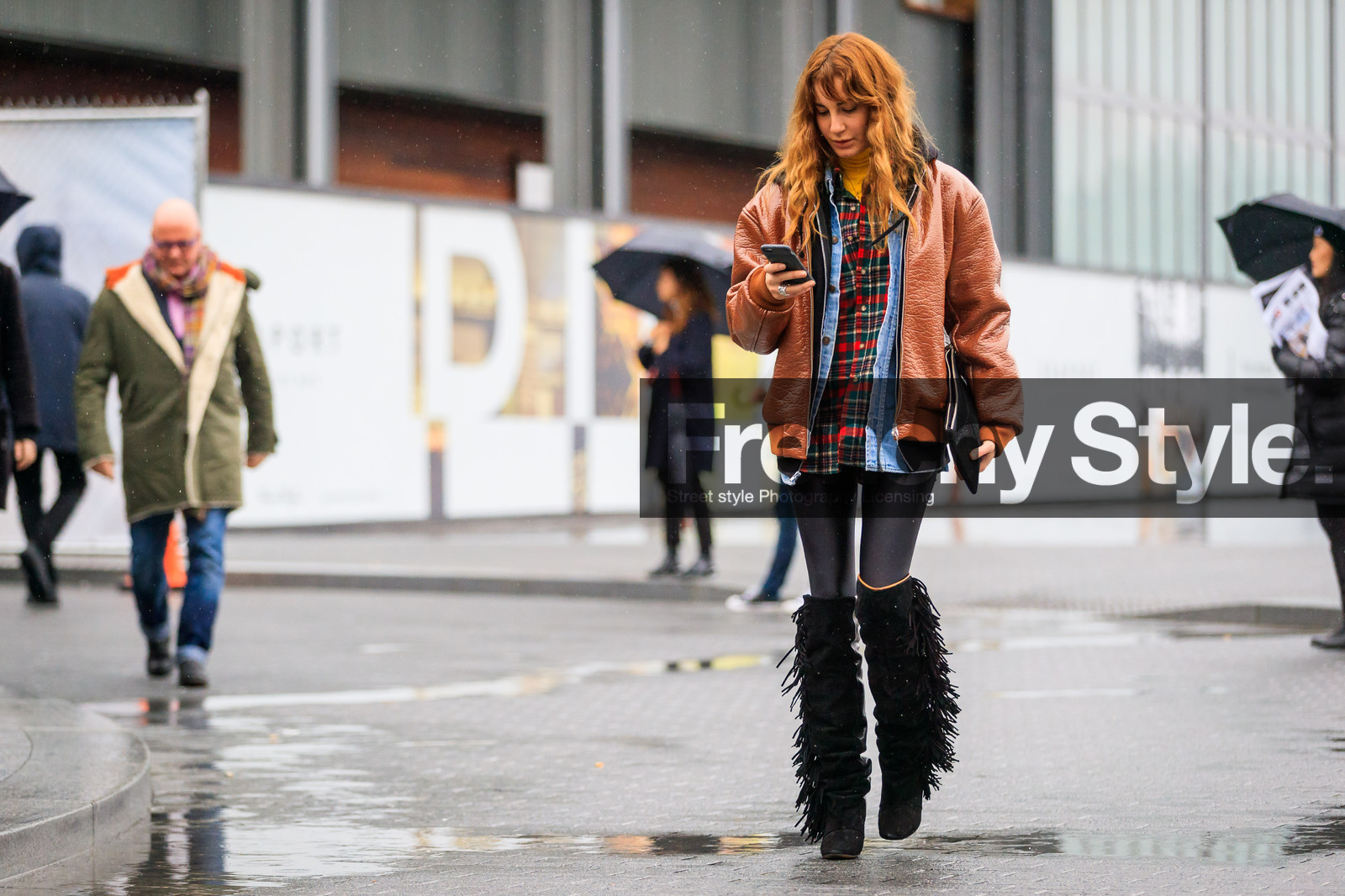 black bag, black shoes, black sweater, blue denim, brown jacket, checked, checked shirt, denim shirt, fringes, graphic shirt, high boots, high heels, hoodie, leather bag, leather jacket, leather shoes, plaid, printed shirt, tartan, tights, street style, jonathan paciullo, FW, frenchystyle, fashion week, NYFW, NEW YORK, AUTUMN WINTER 2018-2019, AW 18-19, FALL WINTER 2018-2019, FW 18-19, atmosphere details, horizontal, full length, ece sukan