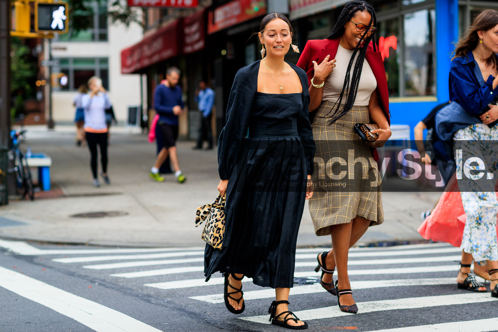 animal print, beige top, black dress, black shoes, blazer, braids, brown bag, brown skirt, checked, earrings, graphic bag, graphic skirt, leather bag, leather shoes, leopard, over the shoulder, plaid, pleated dress, printed bag, printed skirt, rachael wang, red jacket, shiona turini, street style, jonathan paciullo, FW, frenchystyle, fashion week, NYFW, NEW YORK, SPRING SUMMER 2019, SS 19, atmosphere details, horizontal, full length