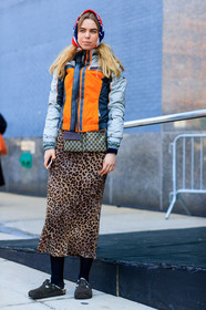 beige bag, birkenstock, brown shoes, graphic jacket, graphic skirt, gucci, leather shoes, leopard, leopard print, monogram, orange jacket, prada, printed bag, printed jacket, printed skirt, red scarf, street style, jonathan paciullo, FW, frenchystyle, fashion week, NYFW, NEW YORK, AUTUMN WINTER 2018-2019, AW 18-19, FALL WINTER 2018-2019, FW 18-19, vertical, full length, laura maria wulff