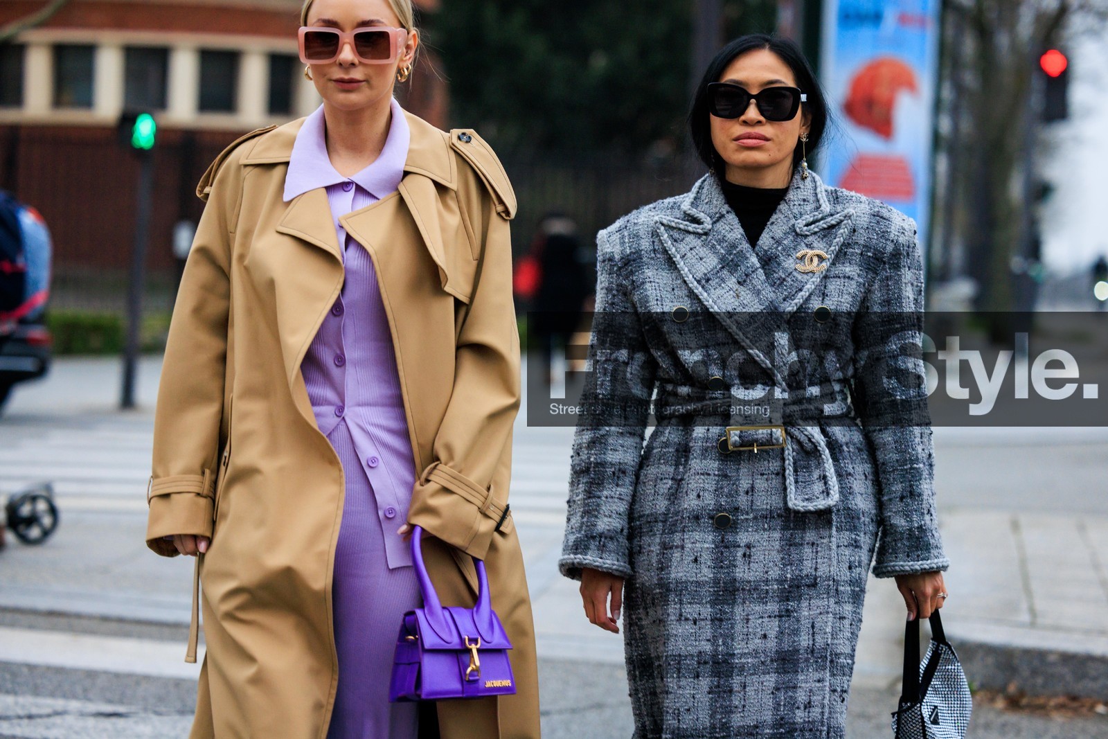 chanel brooch, pink sunglasses, purple shirt, purple pants, purple bag, jacquemus bag, beige trench, classic trench, black sunglasses, paid coat, grey coat, studded bag, prada bag, shiny bag, fashion week, frenchystyle, FW, jonathan paciullo, street style, PARIS, PFW, SPRING SUMMER 2022, SS 22, atmosphere details, detail, horizontal
