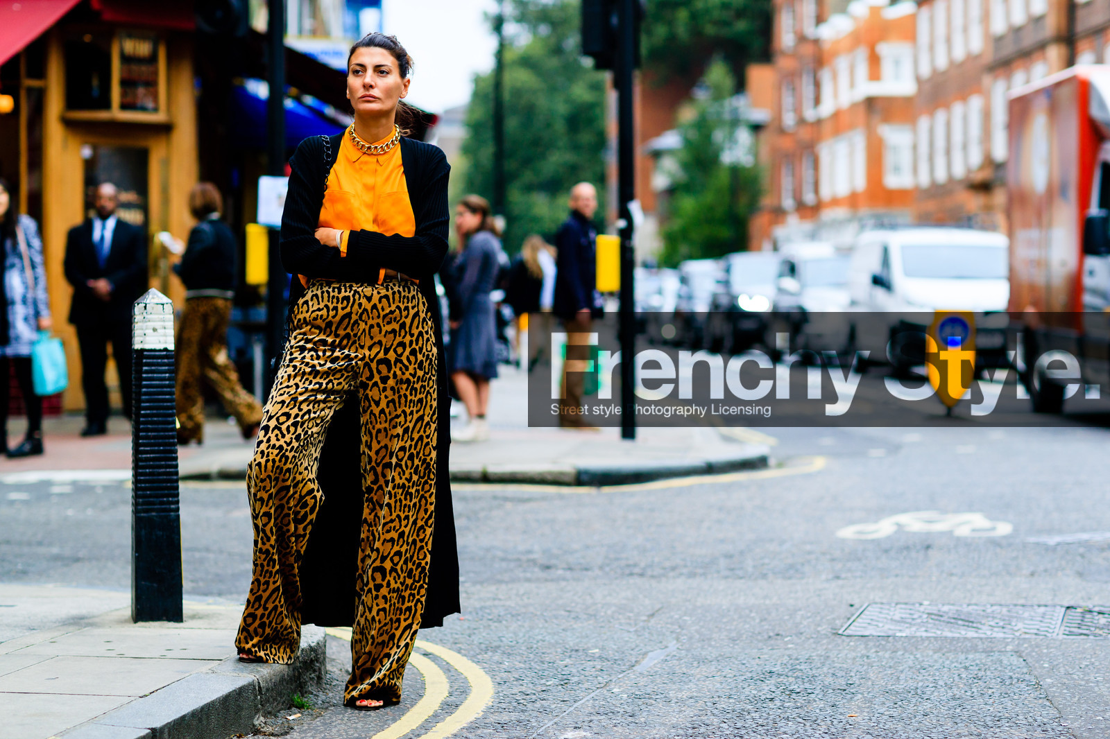 animal print, atmosphere details, black bag, black cardigan, brown pants, chains, fashion week, frenchystyle, full length, FW, giovanna battaglia, horizontal, jonathan paciullo, leather bag, leopard print, LFW, LONDON, necklace, orange shirt, printed pants, SPRING SUMMER 2017, SS 17, street style, trousers, woman