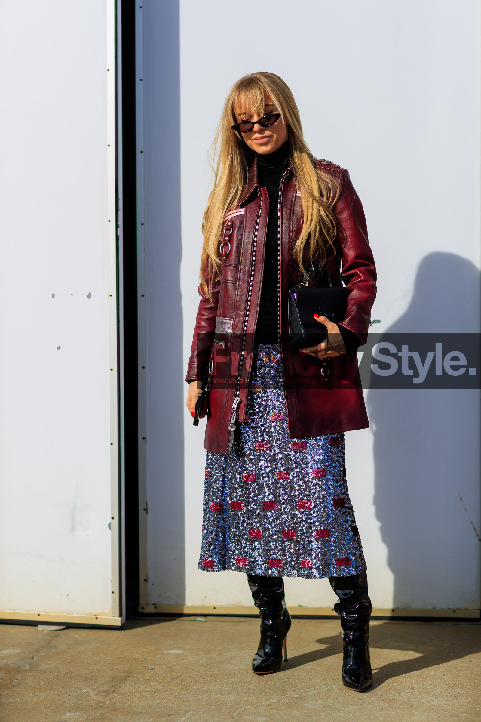 black shoes, black turtleneck, bordeaux, burgundy, embroidered skirt, glitter, graphic skirt, high boots, high heels, leather bag, leather shoes, pleated skirt, red jacket, sequined skirt, sunglasses, varnished leather shoes, street style, jonathan paciullo, FW, frenchystyle, fashion week, NYFW, NEW YORK, AUTUMN WINTER 2018-2019, AW 18-19, FALL WINTER 2018-2019, FW 18-19, vertical, full length, sandra hagelstam