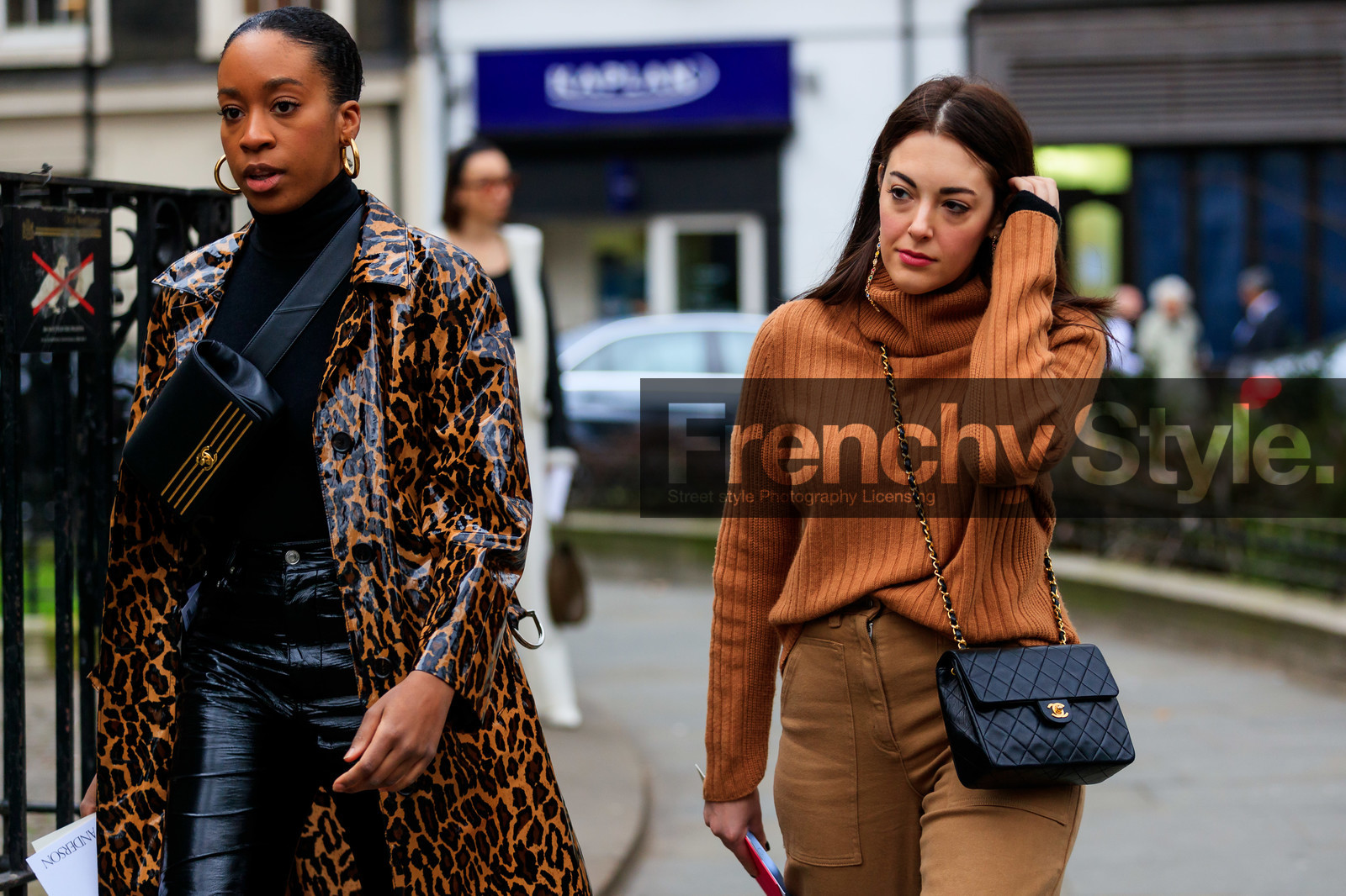 animal print, black bag, black pants, black turtleneck, brown coat, brown pants, camel sweater, chanel handbag, earrings, fanny pack, graphic jacket, leather bag, leather coat, leather pants, leopard, printed jacket, trousers, LONDON, LFW, fashion week, frenchystyle, FW, jonathan paciullo, street style, AUTUMN WINTER 2019-2020, AW 19-20, FW 19-20, FALL WINTER 2019-2020, horizontal, atmosphere details, detail
