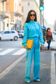 nausheen shah, light blue shirt, light blue pants, yellow leather clutch, ferragamo bag, silk shirt, flare pants, scale sunglasses, bottega veneta sunglasses, fashion week, frenchystyle, FW, jonathan paciullo, street style, MFW, MILAN, AUTUMN WINTER 2020-2021, FALL WINTER 2020-2021, FW 20-21, vertical, full length