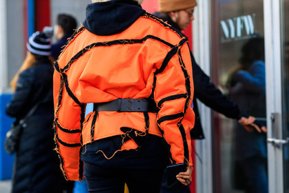 black belt, black pants, black sweater, hoodie, leather belt, orange jacket, trousers, street style, jonathan paciullo, FW, frenchystyle, fashion week, NYFW, NEW YORK, AUTUMN WINTER 2018-2019, AW 18-19, FALL WINTER 2018-2019, FW 18-19, atmosphere details, horizontal, detail, vanessa hong