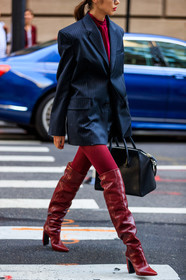 atmosphere details, black bag, black jacket, detail, fashion week, frenchystyle, FW, givenchy, high boots, high heels, jonathan paciullo, leather bag, leather shoes, NEW YORK, NYFW, printed jacket, red boots, SPRING SUMMER 2018, SS 18, street style, striped jacket, tights, vertical