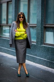 black and white, blazer, fluo green turtleneck, green pumps, grey skirt, heels, houndstooth print, houndstooth skirt, Laure Hériard-Dubreuil, midi skirt, orange sunglasses, oversize sunglasses, print, printed blazer, printed skirt, pumps, skirt, sunglasses, turtleneck, fashion week, frenchystyle, FW, jonathan paciullo, street style, PFW, PARIS, SPRING SUMMER 2022, SS 22, vertical, full length