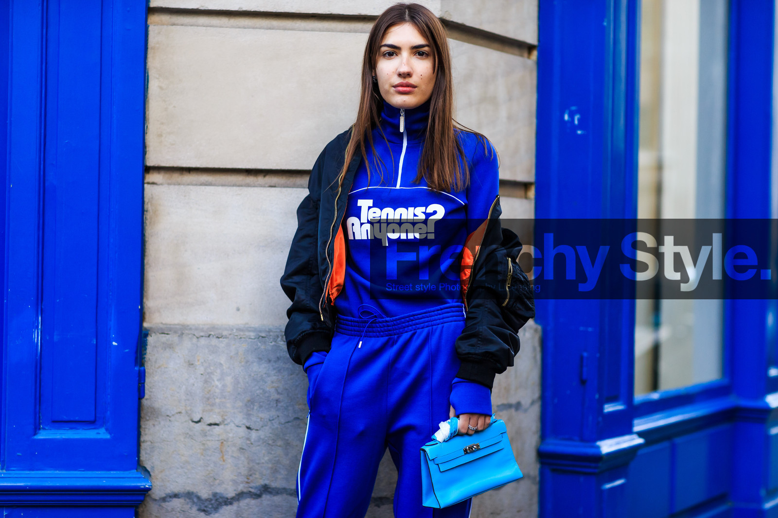 atmosphere details, AUTUMN WINTER 2016-2017, AW 16-17, black jacket, blue bag, blue pants, blue sweater, bomber jacket, detail, FALL WINTER 2016-2017, fashion week, frenchystyle, FW, FW 16-17, horizontal, jonathan paciullo, lacoste, leather bag, PARIS, patricia manfield, PFW, printed sweater, street style, sweatpants, trousers, turquoise