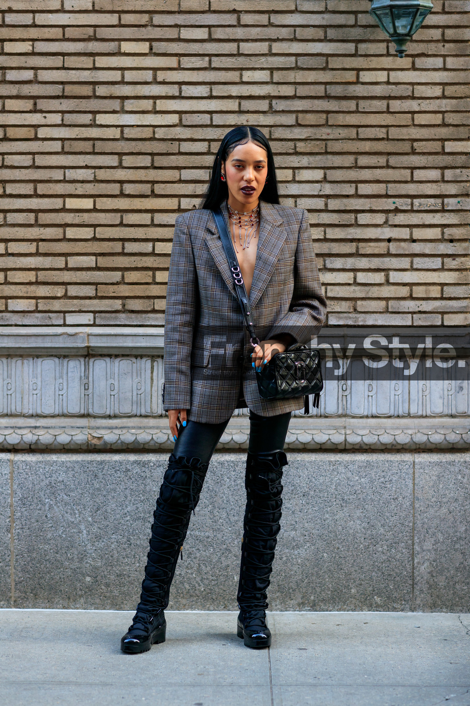 aleali may, black shoes, checked, graphic jacket, high heels, leather bag, leather shoes, marc jacobs, plaid, printed jacket, trousers, street style, jonathan paciullo, FW, frenchystyle, fashion week, NEW YORK, NYFW, SPRING SUMMER 2020, SS 20, vertical, full length