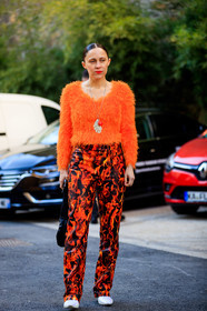 black bag, graphic pants, leather bag, leather shoes, marine serre, necklace, orange sweater, printed pants, red pants, trousers, white shoes, fashion week, frenchystyle, FW, jonathan paciullo, street style, PFW, PARIS, AUTUMN WINTER 2019-2020, AW 19-20, FALL WINTER 2019-2020, FW 19-20, vertical, full length