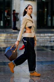 hera pradel, timberland shoes, camel suede boots, laced boots, flat boots, hiking boots, blue jeans, boyfriend jeans, brown leather bag, hand bag, monogrammed bag, louis vuitton bag, light beige jacket, openwork jacket, red scarf, tatoo, denim, fashion week, frenchystyle, FW, jonathan paciullo, street style, PFW, PARIS, vertical, full length