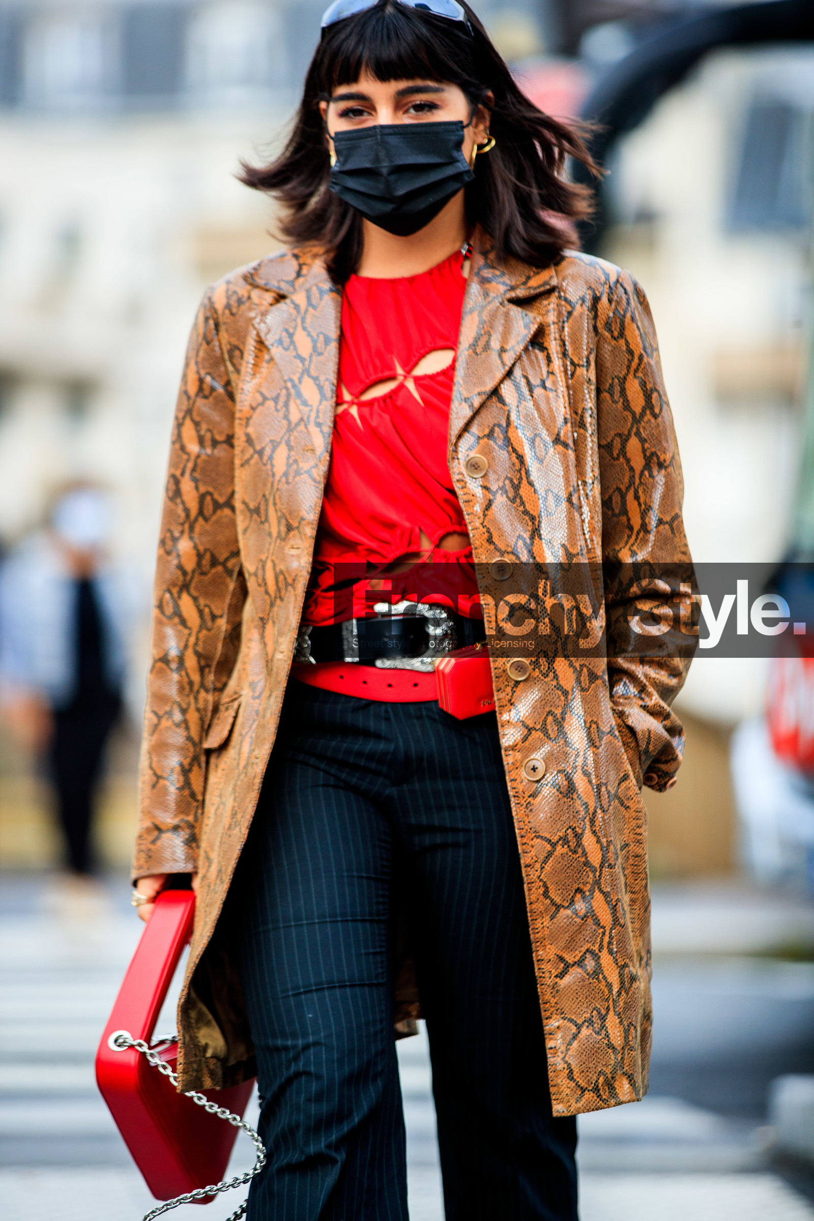 maria bernad, red top, red blouse, red leather bag, openwork blouse, openwork top, laced blouse, laced top, animal skin jacket, snake skin jacket, camel leather jacket, camel jacket, leather jacket, long jacket, belted blouse, belted top, black leather belt, cowboy belt, belt bag, prada bag, prada belt, mini bag, square shape bag, silvered chain strap bag, hand bag, hoop earrings, golden earrings, coperni bag, dark grey pants, striped pants, flare pants, covid face mask, fashion week, frenchystyle, FW, jonathan paciullo, street style, PFW, PARIS, SPRING SUMMER 2021, SS 21, vertical, full length