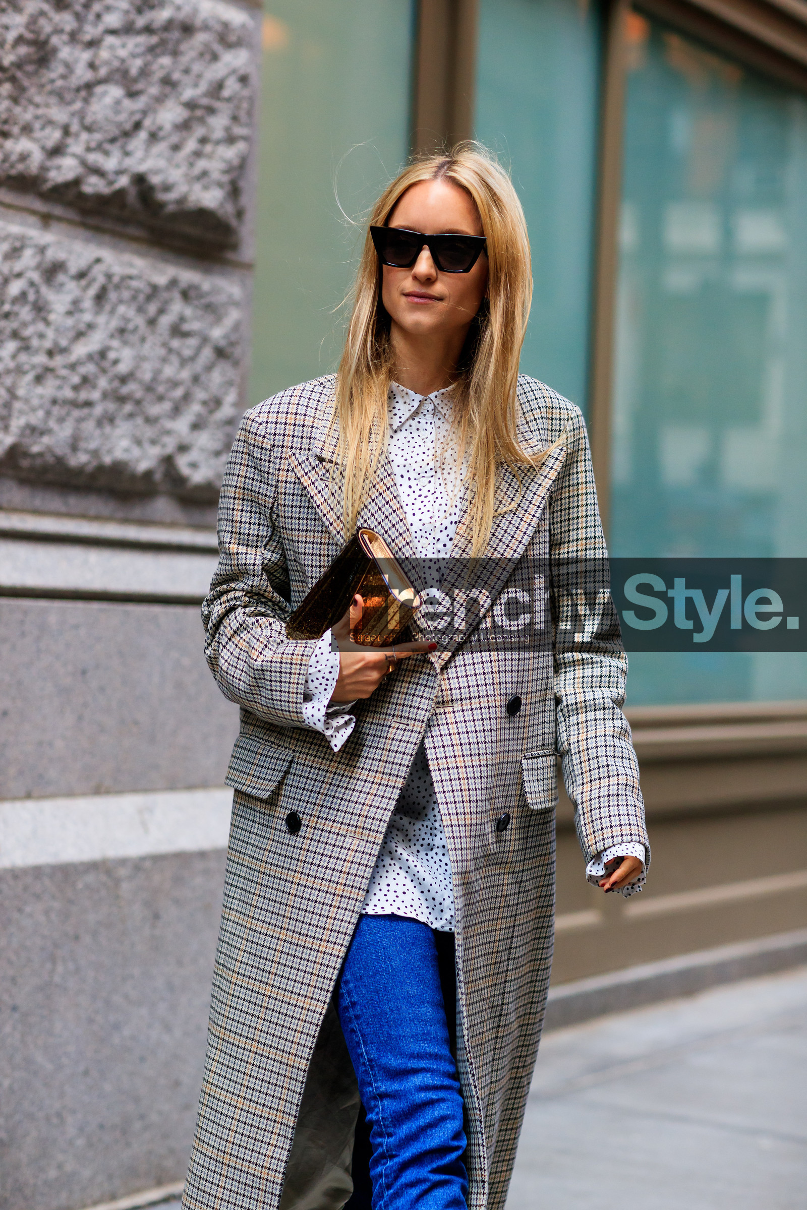 checked, glitter, graphic jacket, houndstooth pattern, leather bag, plaid, polka dot, printed jacket, printed shirt, shiny bag, sunglasses, tartan, white shirt, street style, jonathan paciullo, FW, frenchystyle, fashion week, NYFW, NEW YORK, AUTUMN WINTER 2018-2019, AW 18-19, FALL WINTER 2018-2019, FW 18-19, vertical, atmosphere details, detail, Charlotte Groeneveld
