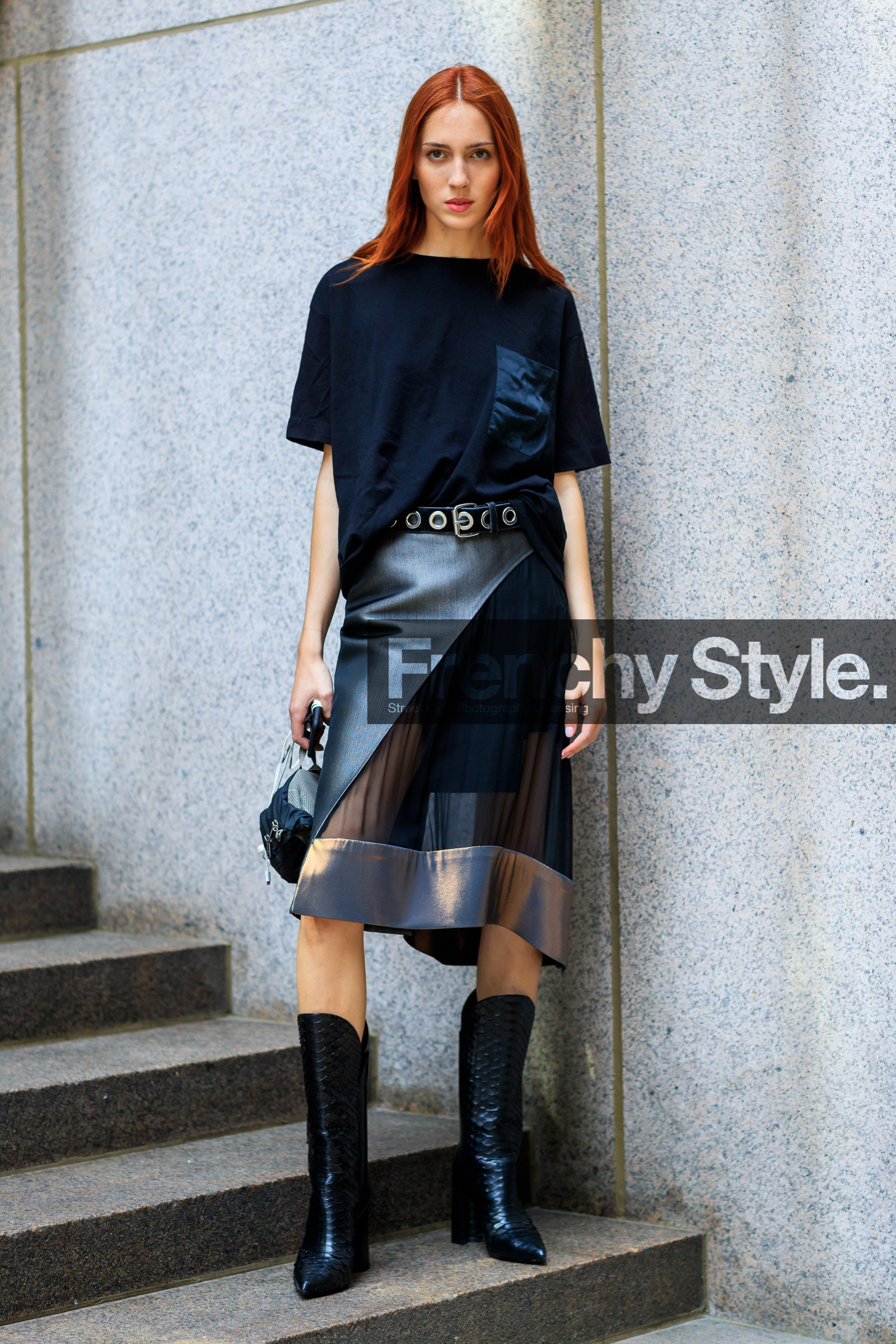black shoes, black skirt, black t shirt, cowboy boots, fashion week, frenchystyle, full length, FW, high heels, jonathan paciullo, leather shoes, leather skirt, model, NEW YORK, NYFW, see through, SPRING SUMMER 2018, SS 18, street style, teddy quinlivan, vertical