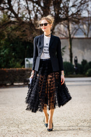 black jacket, black shoes, black skirt, blazer, choker, christian dior, high heels, lace skirt, leather shoes, necklace, printed t shirt, see through, sunglasses, white t shirt, fashion week, frenchystyle, FW, jonathan paciullo, street style, PFW, PARIS, SPRING SUMMER 2017, SS 17, HAUTE COUTURE, vertical, full length, chiara ferragni