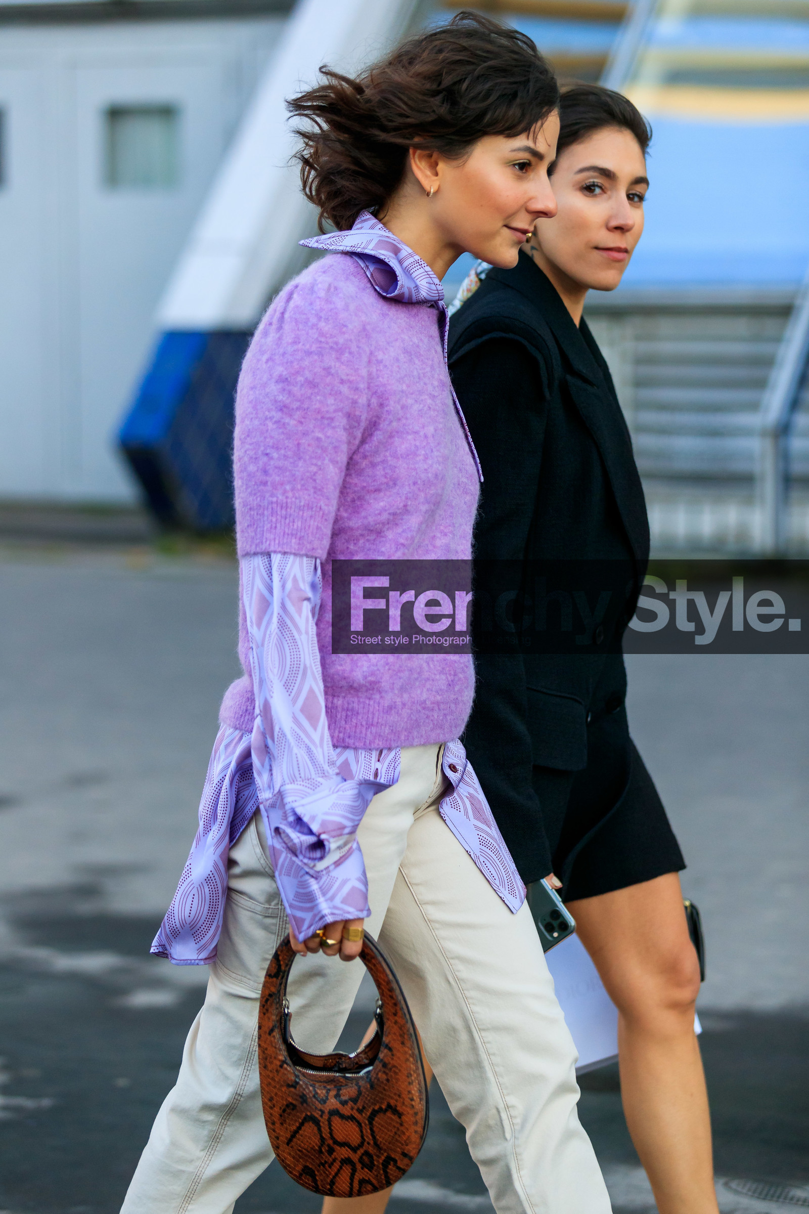 alyssa coscarelli, lilac pullover, lilac shirt, geometrical printed shirt, short sleeves pullover, camel leather bag, animal skin bag, round shape bag, coperni bag, hand bag, fashion week, frenchystyle, FW, jonathan paciullo, street style, PFW, PARIS, AUTUMN WINTER 2020-2021, FALL WINTER 2020-2021, FW 20-21, vertical, atmosphere details, detail