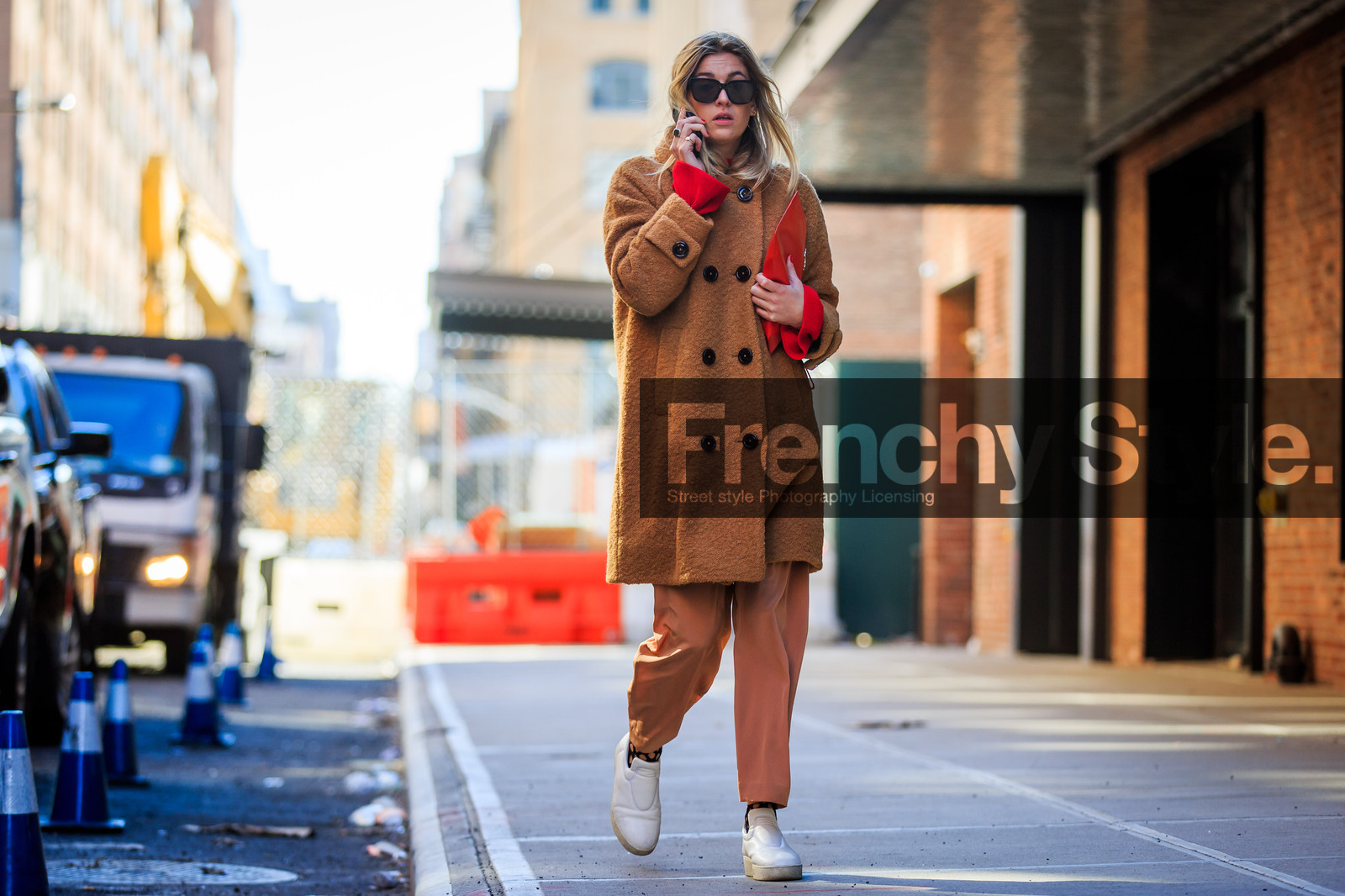 atmosphere details, AUTUMN WINTER 2016-2017, AW 16-17, brown coat, camel jacket, camel pants, camille charriere, fashion week, fishnet, frenchystyle, full length, FW, FW 16-17, horizontal, jonathan paciullo, leather sneakers, NEW YORK, NYFW, red clutch, silk pants, street style, sunglasses, white sneakers, woman