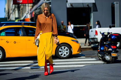 Adi Heyman, atmosphere details, brown dress, fashion week, frenchystyle, full length, FW, high heels, horizontal, jonathan paciullo, leather bag, leather shoes, long dress, NEW YORK, NYFW, red boots, SPRING SUMMER 2018, SS 18, street style, white bag, yellow dress