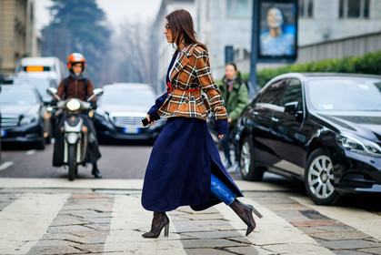atmosphere details, AUTUMN WINTER 2017-2018, AW 17-18, blue denim, brown bag, checked jacket, earrings, FALL WINTER 2017-2018, fashion week, frenchystyle, full length, FW, FW 17-18, graphic coat, graphic jacket, high heels, horizontal, jeans, jonathan paciullo, leather backpack, leather bag, leather shoes, louis vuitton, MFW, MILAN, monogram, patricia manfield, plaid, printed bag, printed coat, printed jacket, street style, sunglasses, tartan, trousers, white t shirt